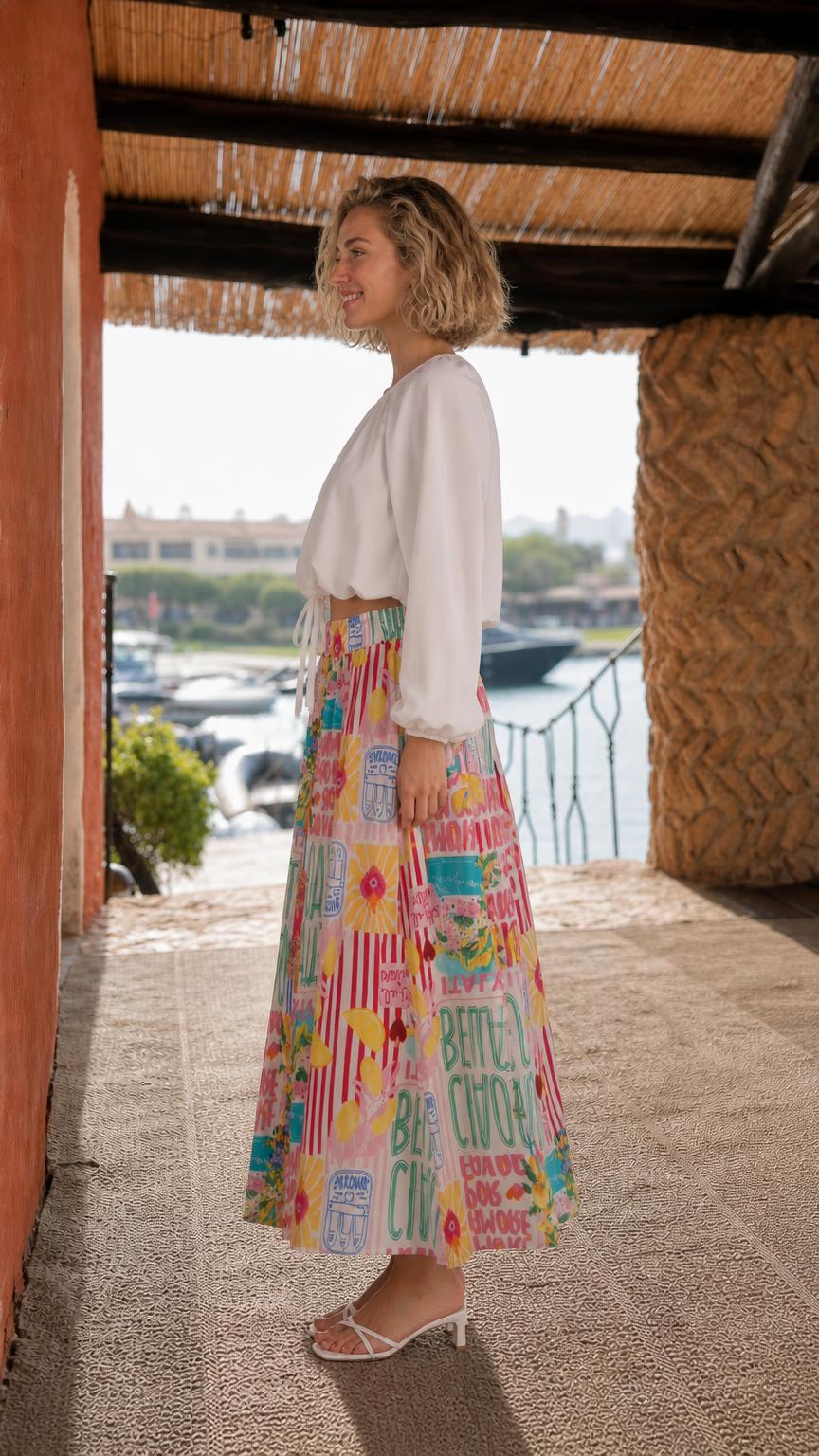 Side view of model wearing white crop top and pink multi printed maxi skirt