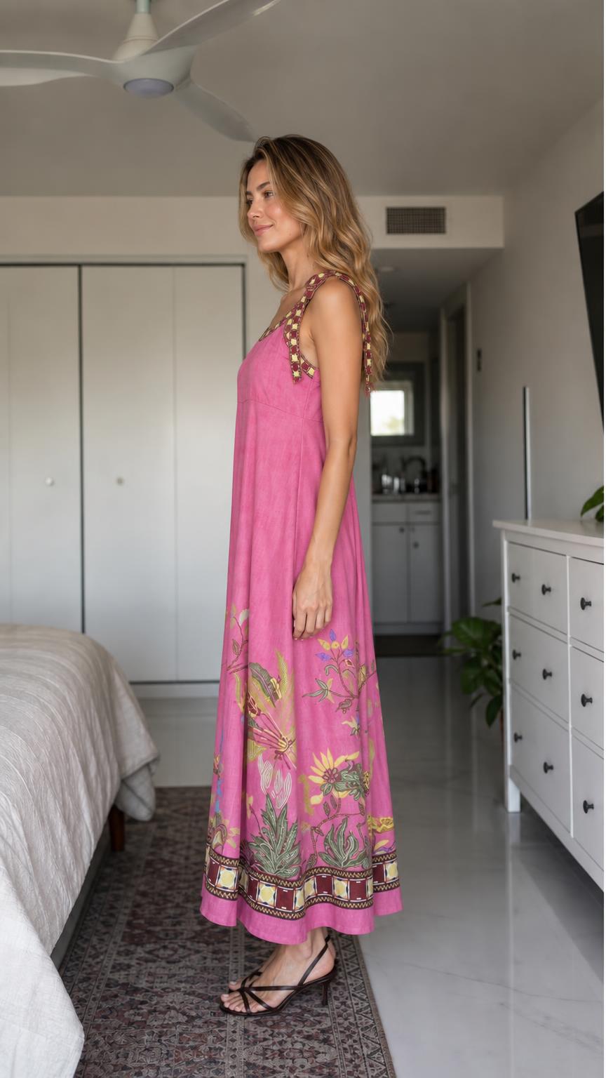 Woman wearing pink boho floral embroidered maxi dress, side view