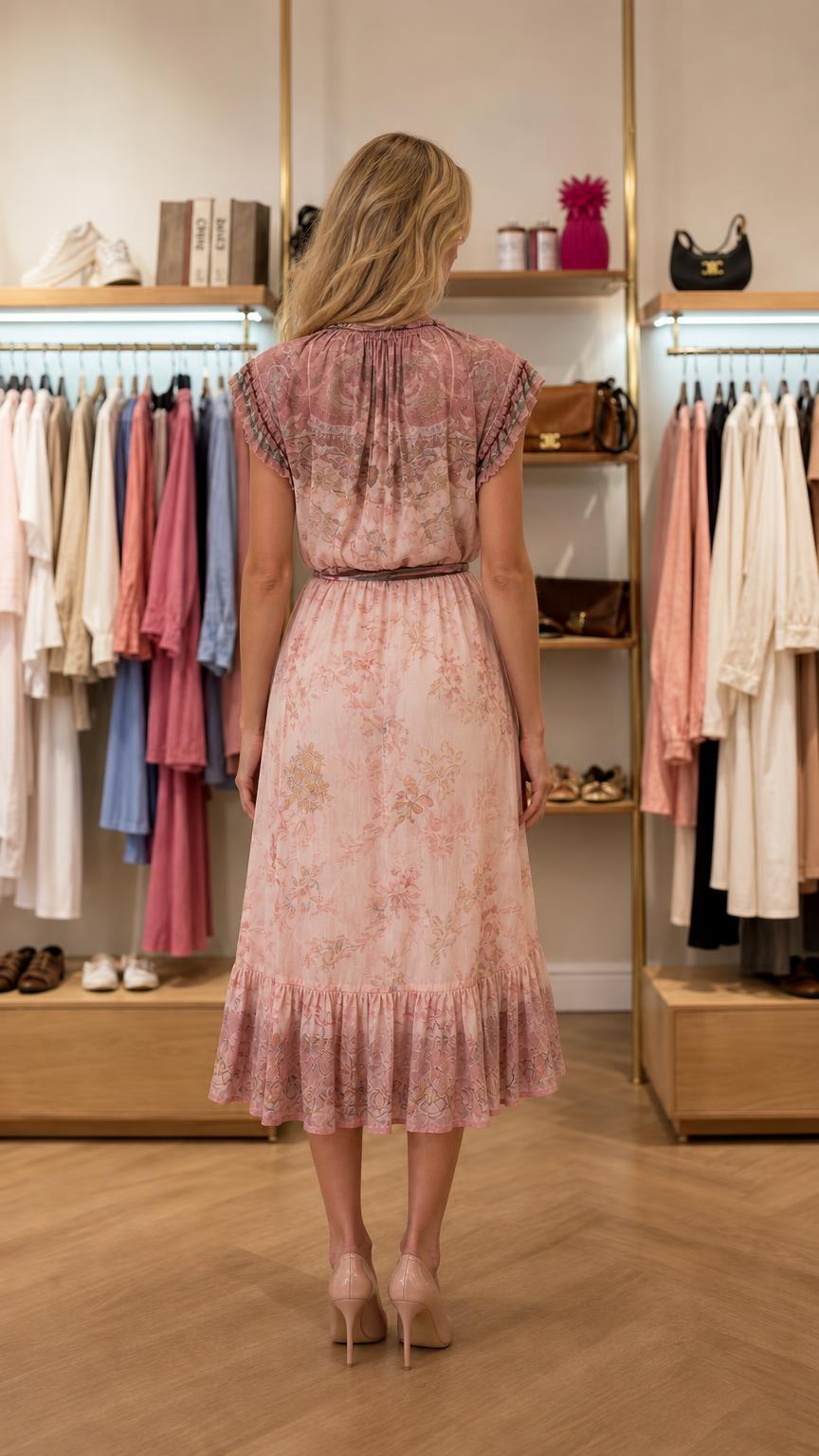 Back view of pink floral midi dress