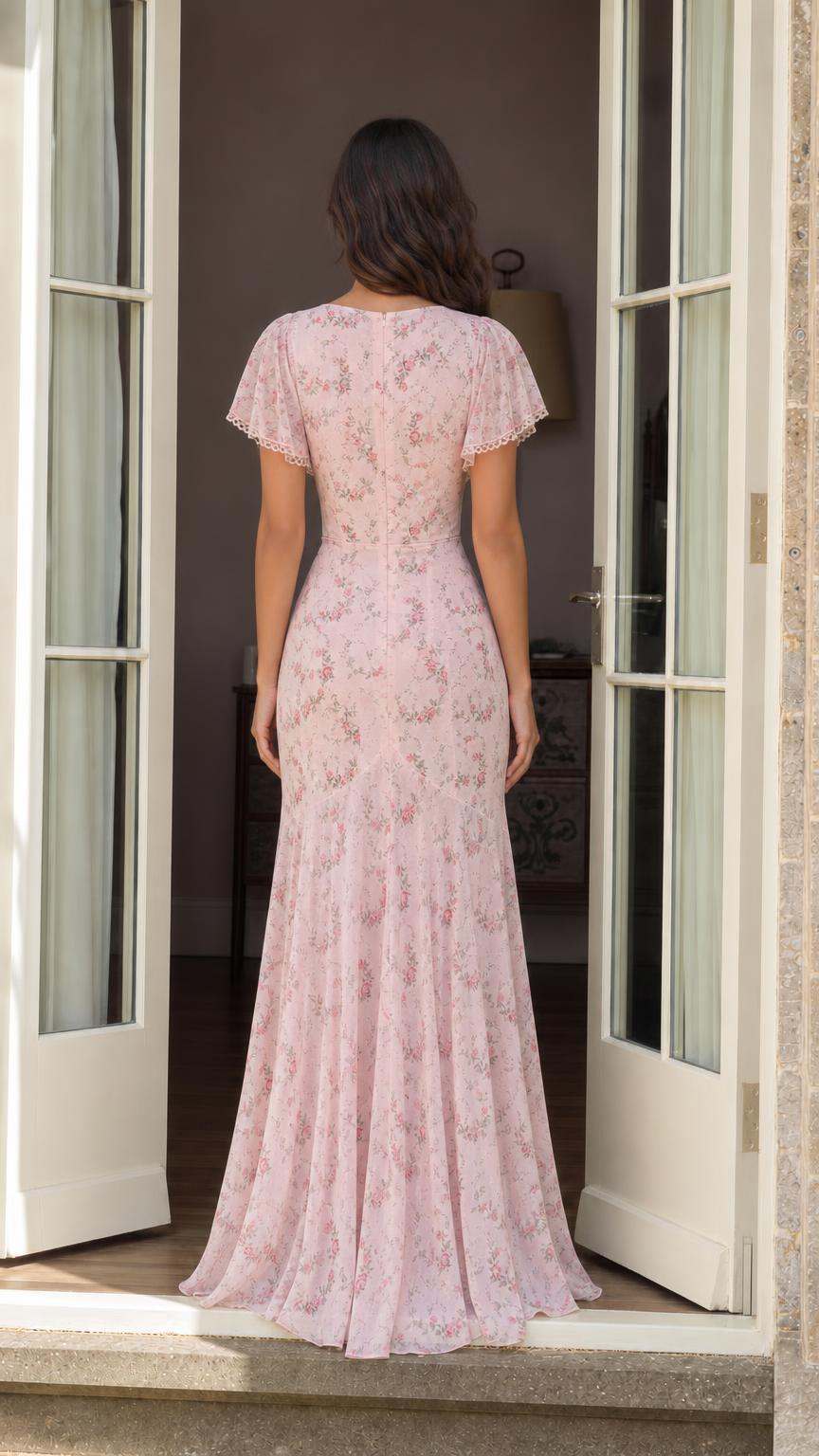 Back view of woman in pink floral maxi dress