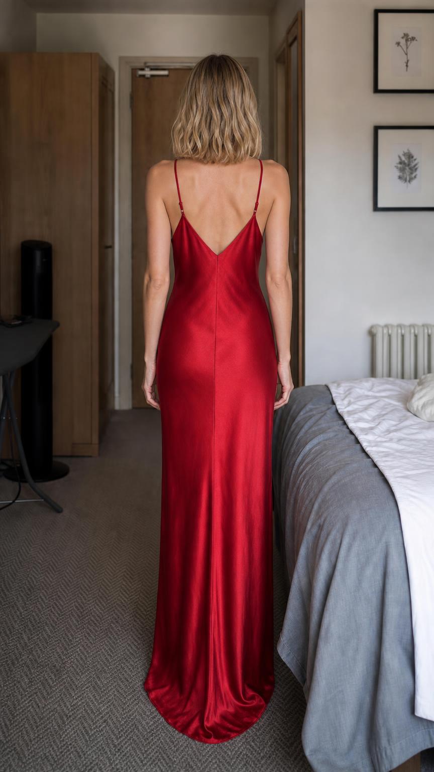 Red satin-look slip dress shown from the back with a low V-back and slim straps