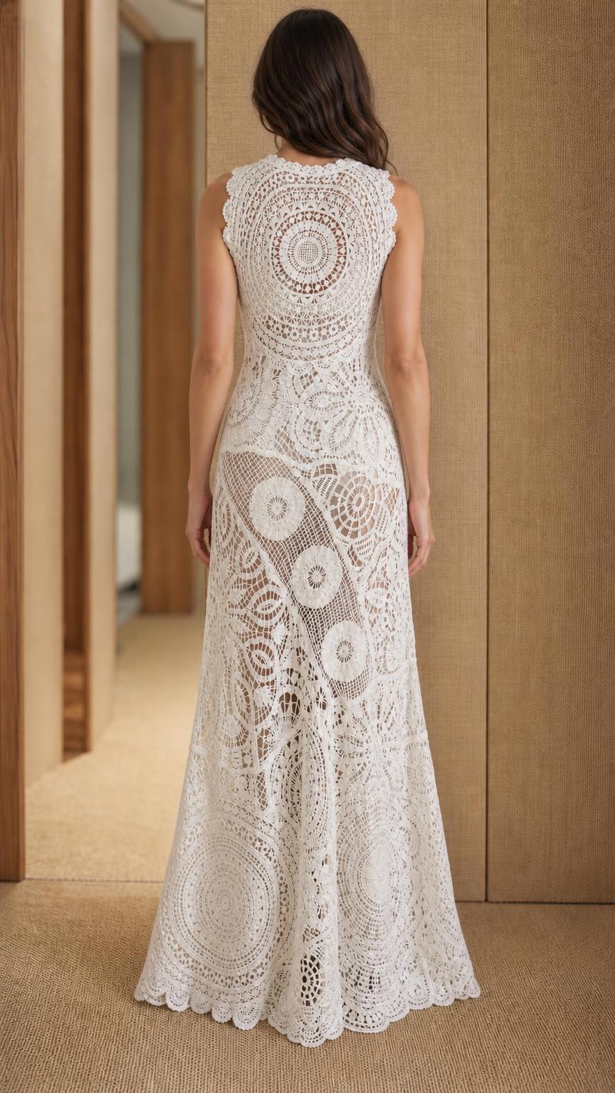Back view of model wearing White crochet lace maxi dress