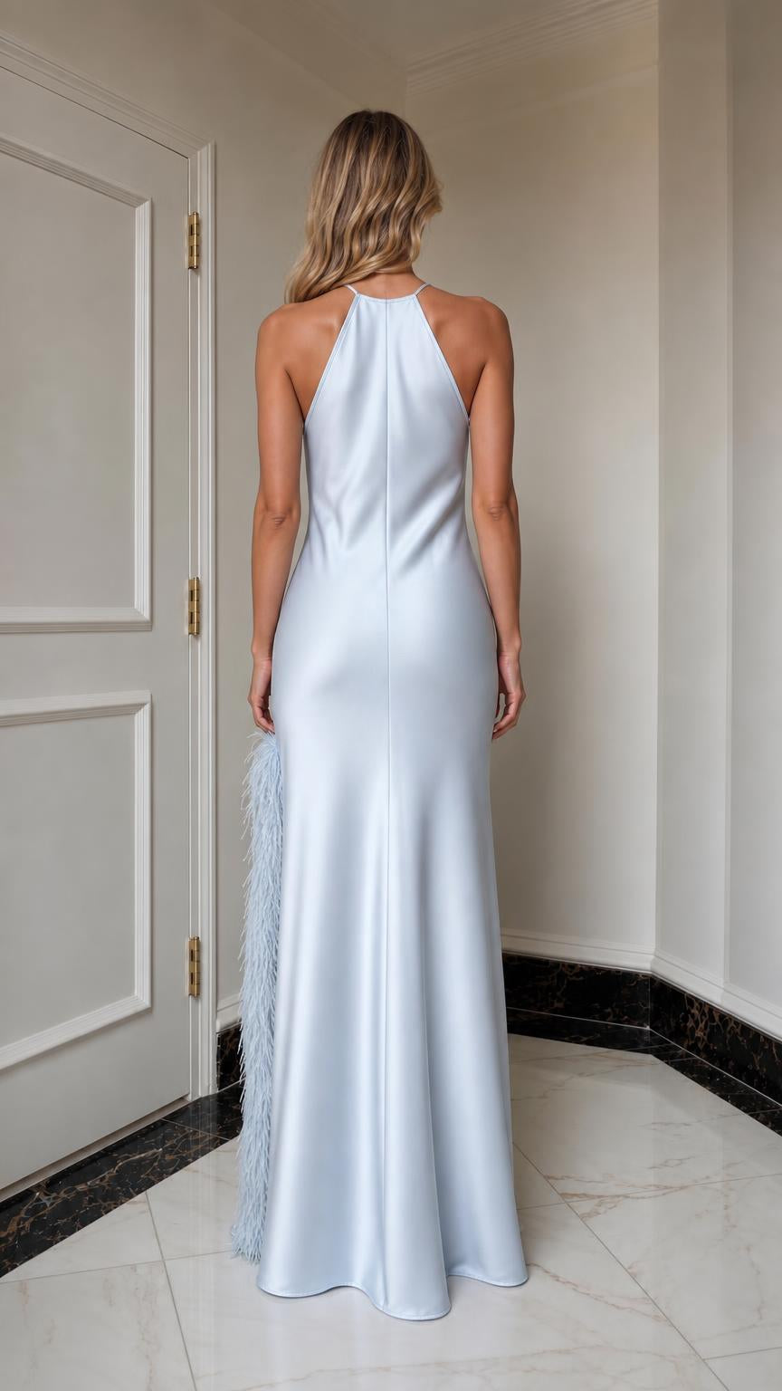 Light blue satin maxi dress back view