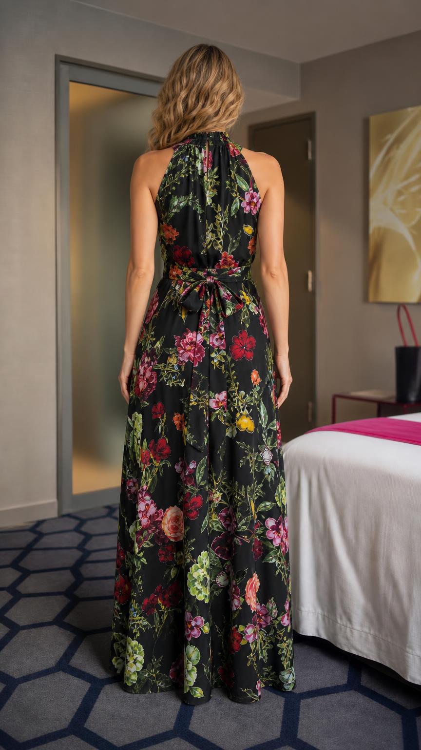 Model wearing black floral print maxi dress, back view