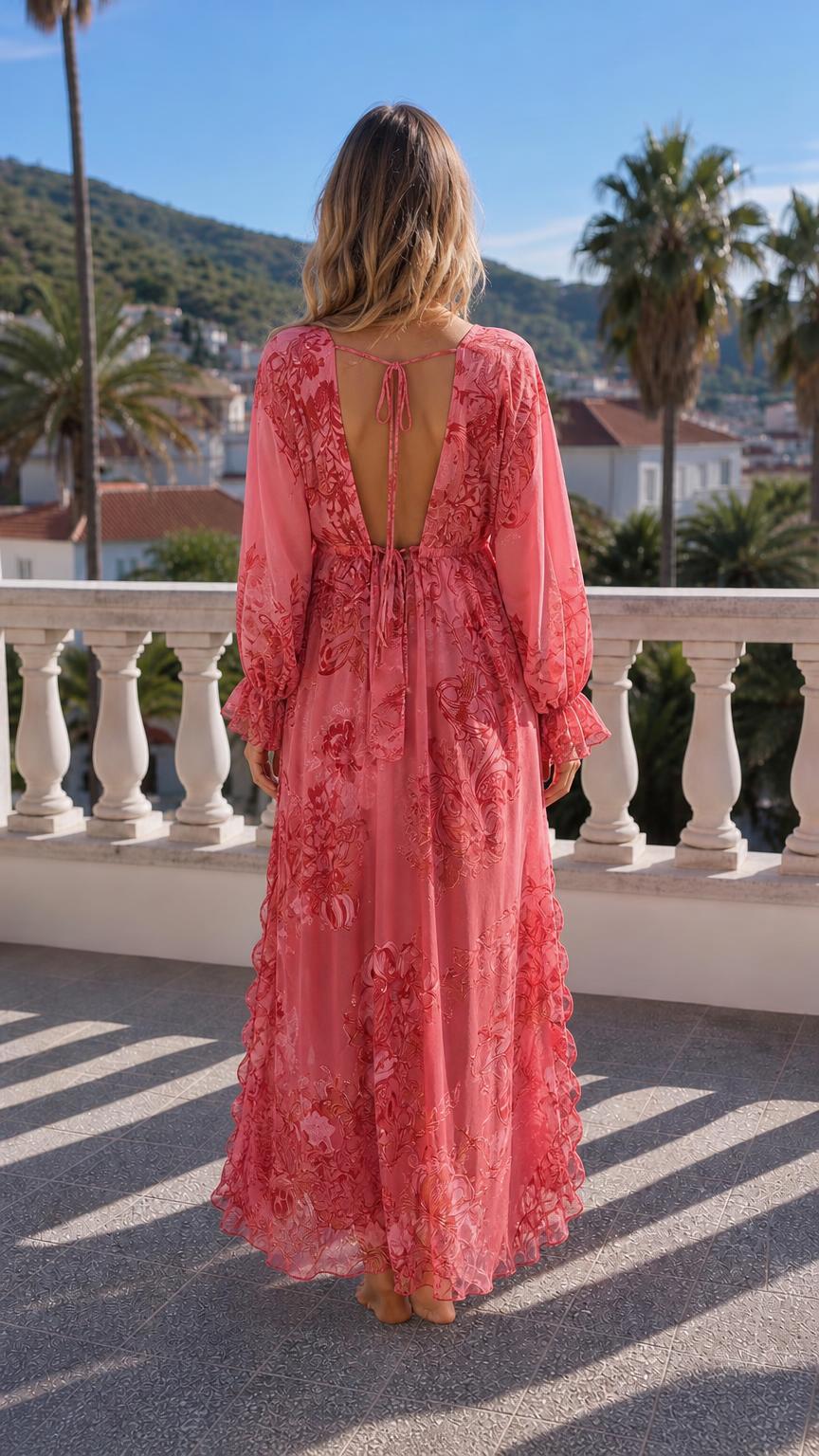 Back view showcasing open back and tie detail of pink dress