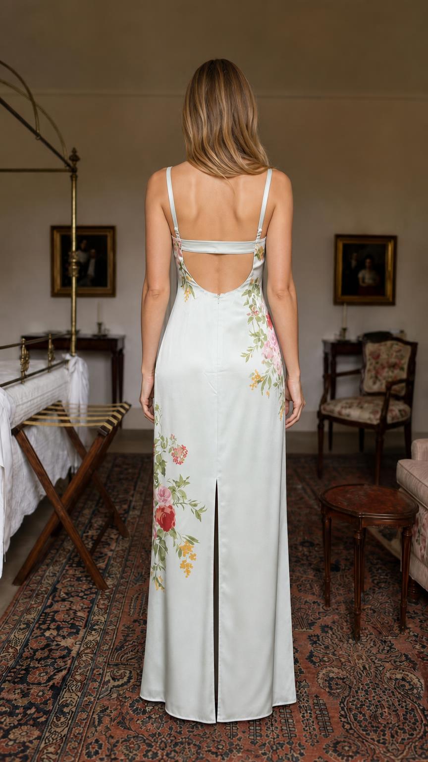Back view of model showing open-back strap details on sage dress