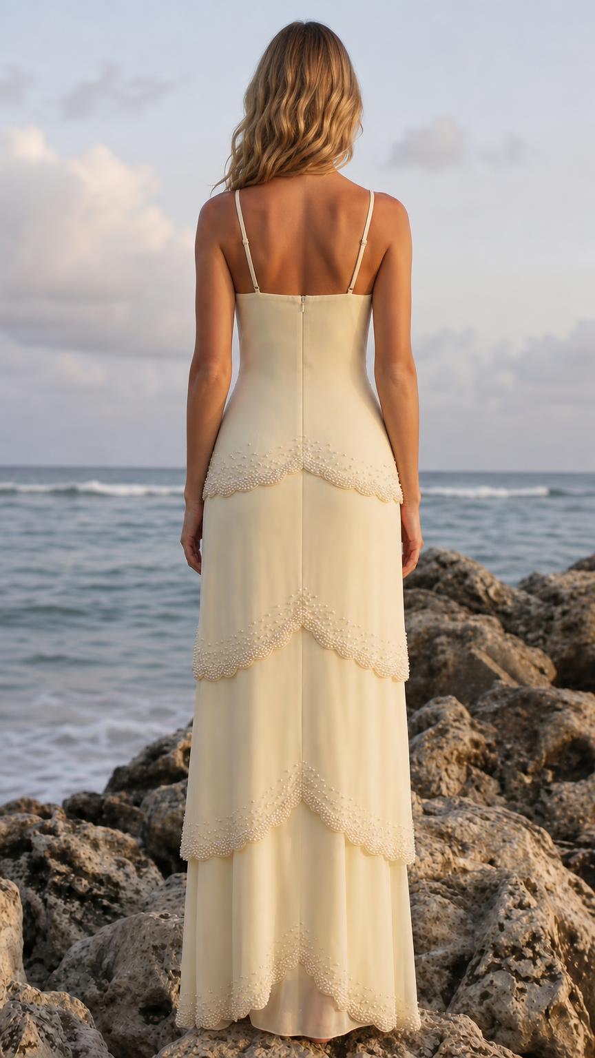 Back view of yellow embellished tiered maxi dress showing slim straps
