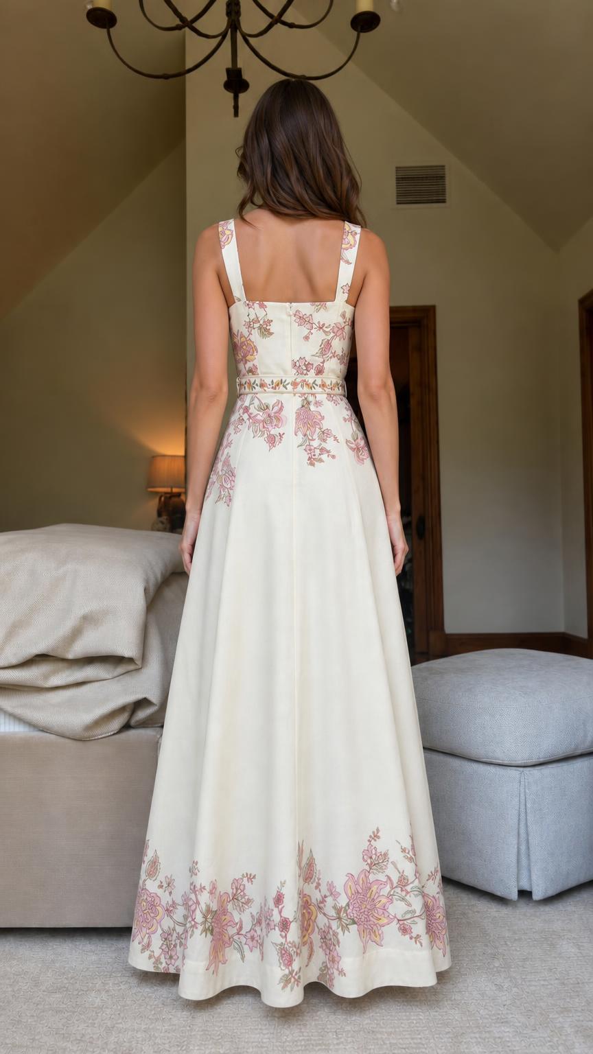 Back view of cream floral embroidered maxi dress