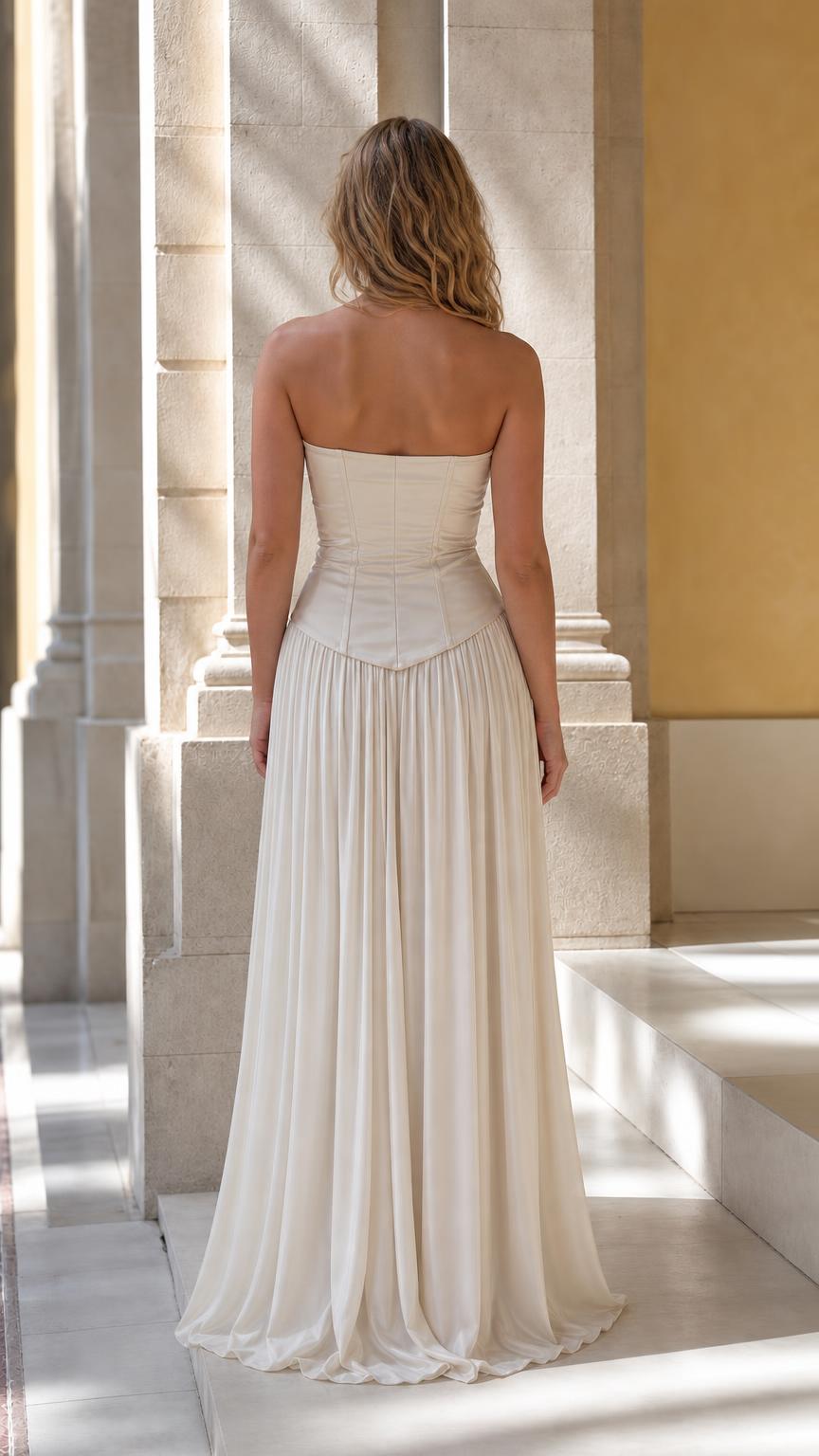 Model wearing Champagne corset pleated maxi dress back view