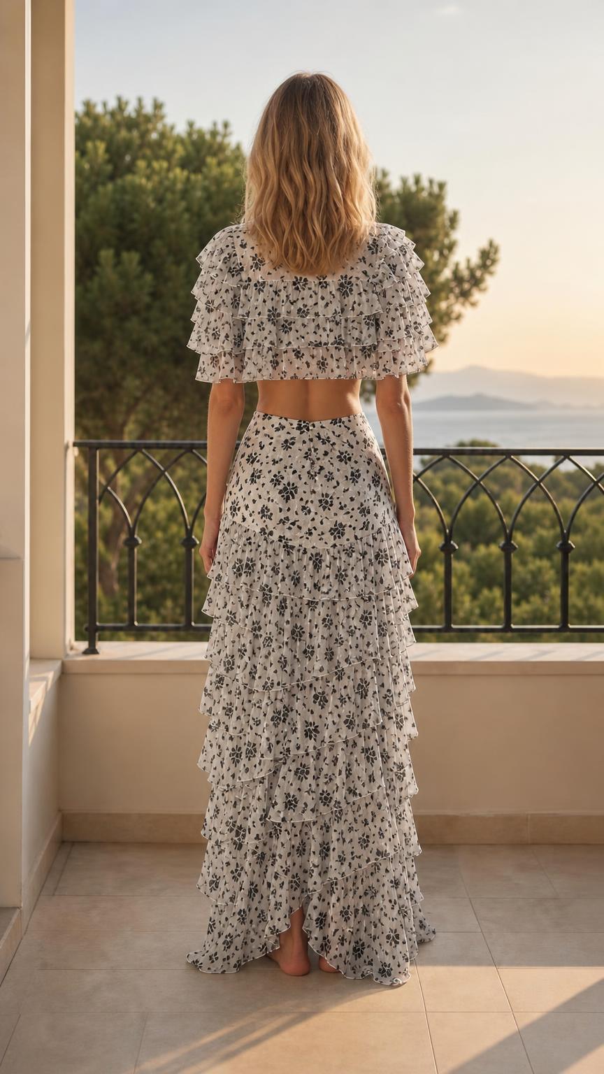 Back view of woman showing tiered maxi skirt and crop top details