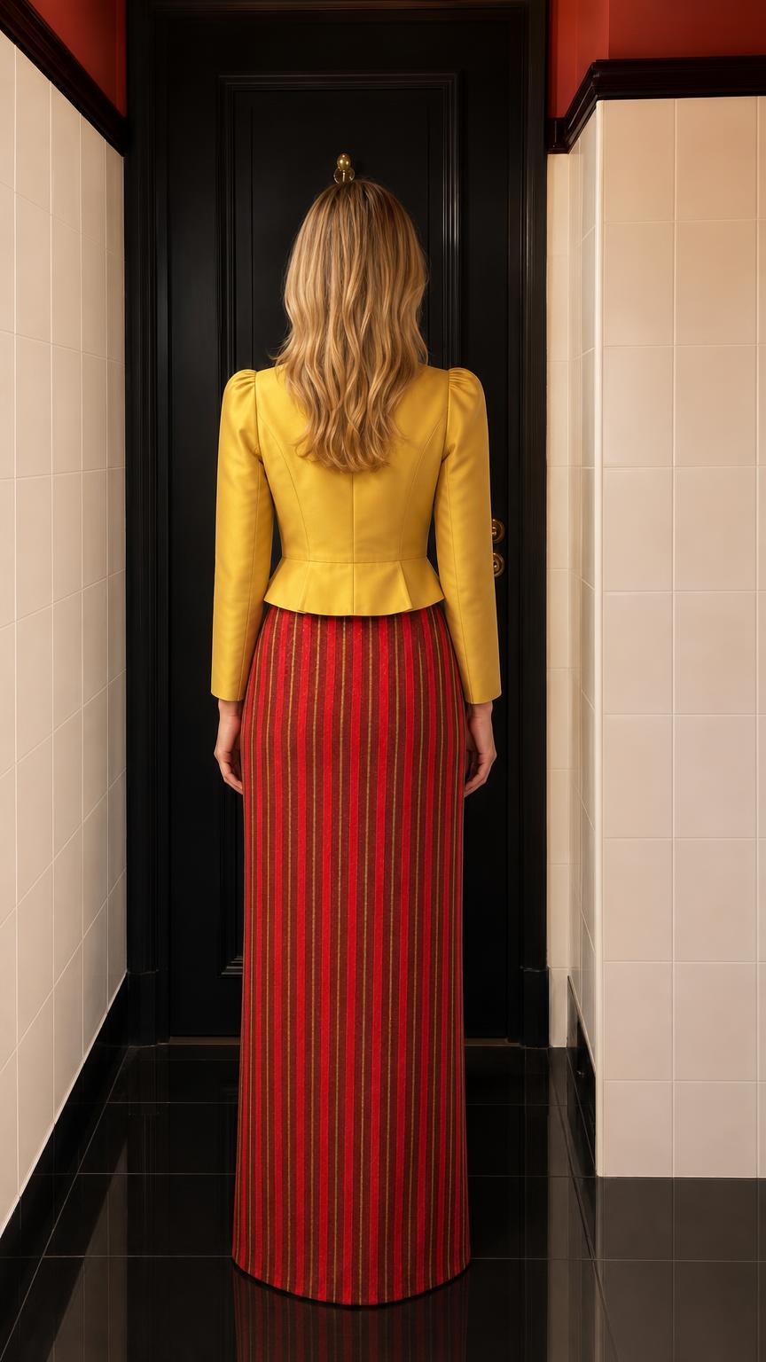 Back view of yellow peplum jacket and maxi skirt outfit