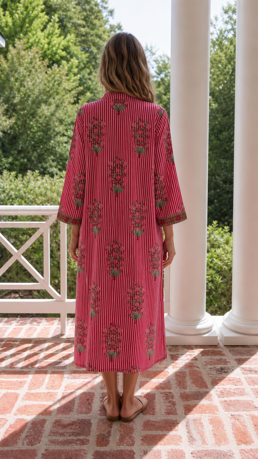 Back view of model in red striped midi dress