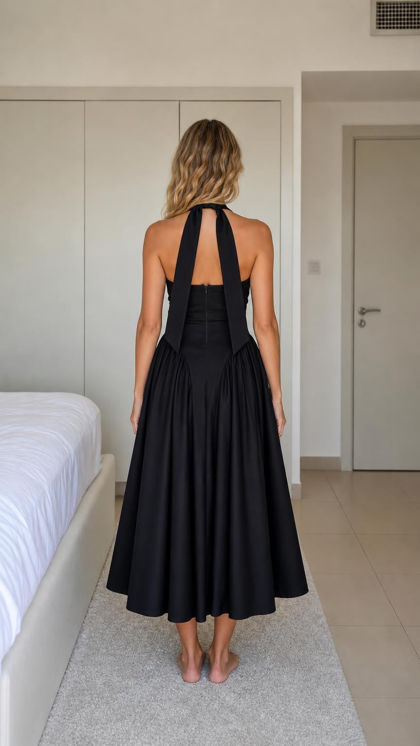 Back view of woman wearing black halter neck midi dress