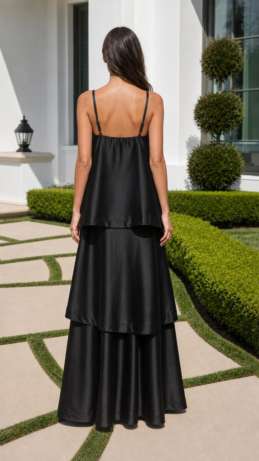 Back view of model in black tiered maxi dress