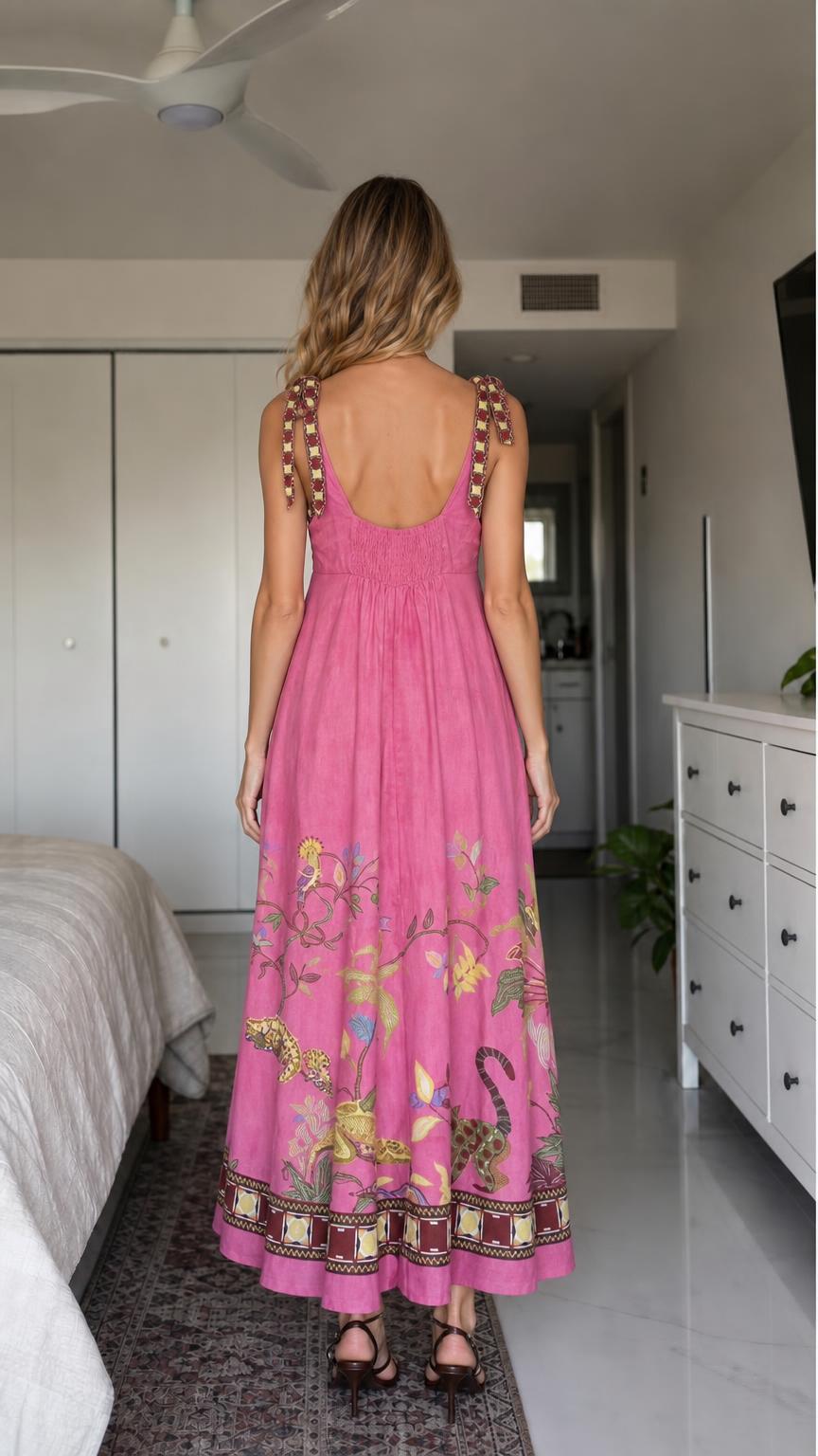 Woman wearing pink boho floral embroidered maxi dress, back view