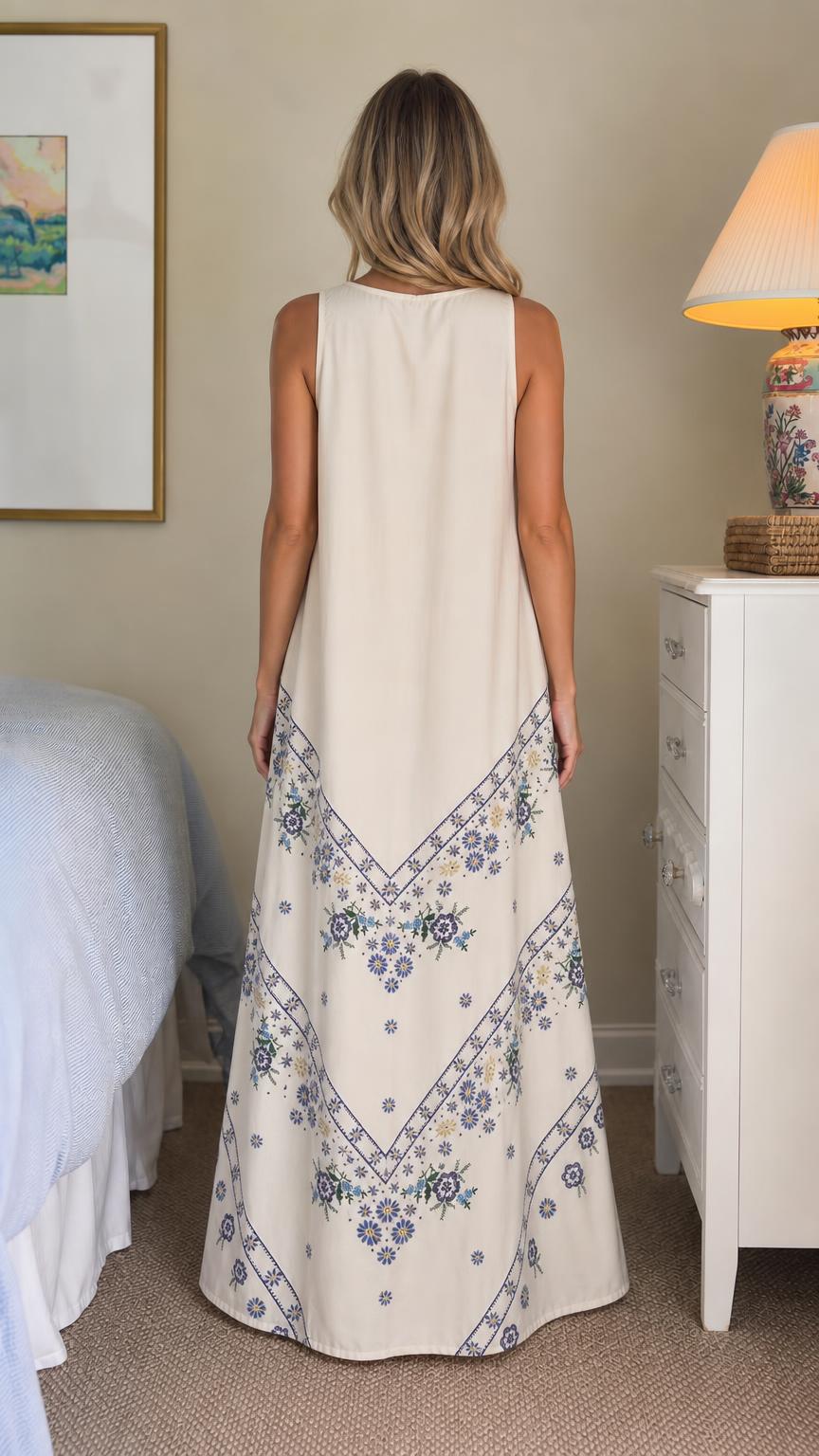 Back view of ivory embroidered maxi dress