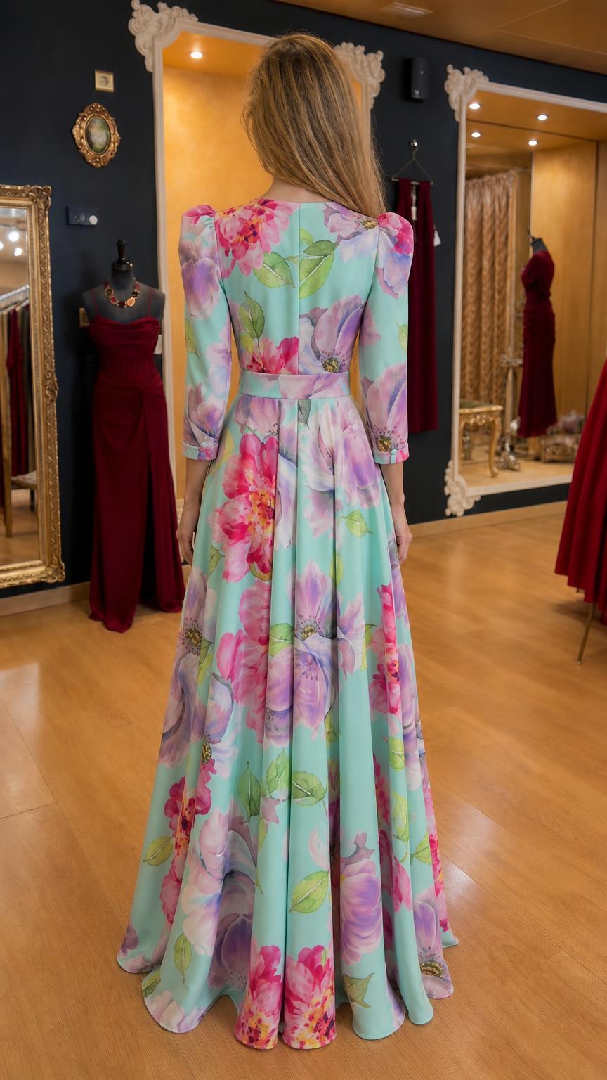 Back view of mint floral maxi dress