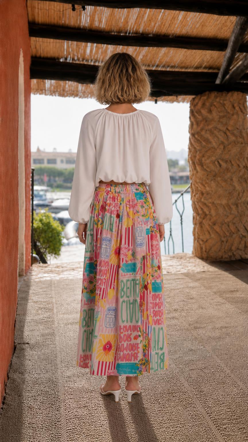Back view of model wearing white crop top and pink multi printed maxi skirt