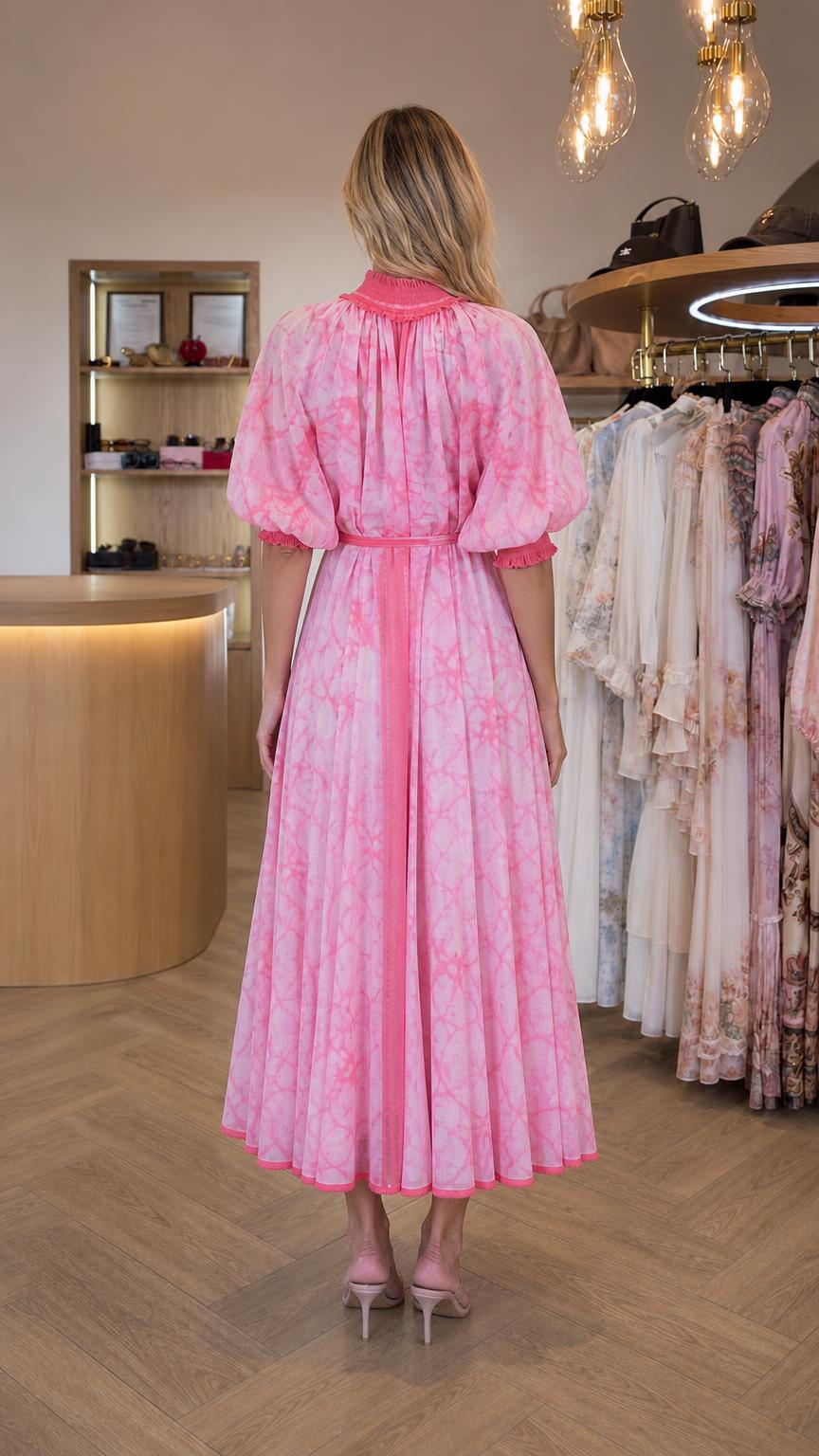 Back view of model wearing pink tie dye midi dress