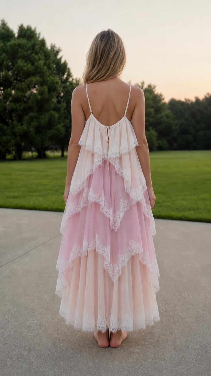Back view of model showing back strap details of tulle maxi