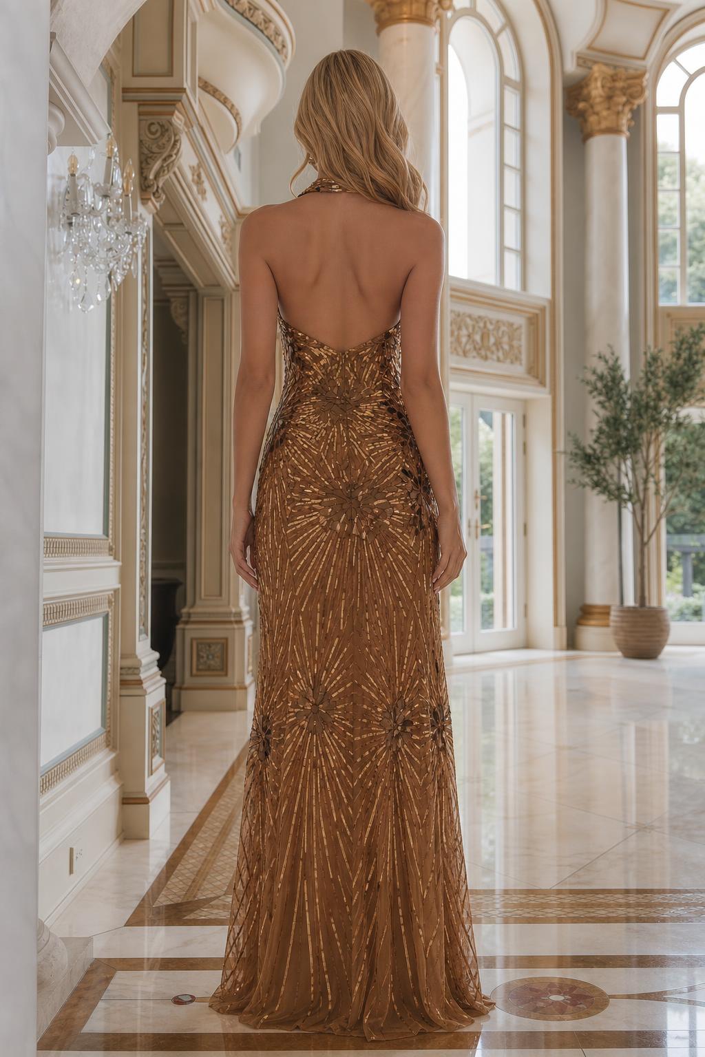 Back view of bronze halter formal dress with open back