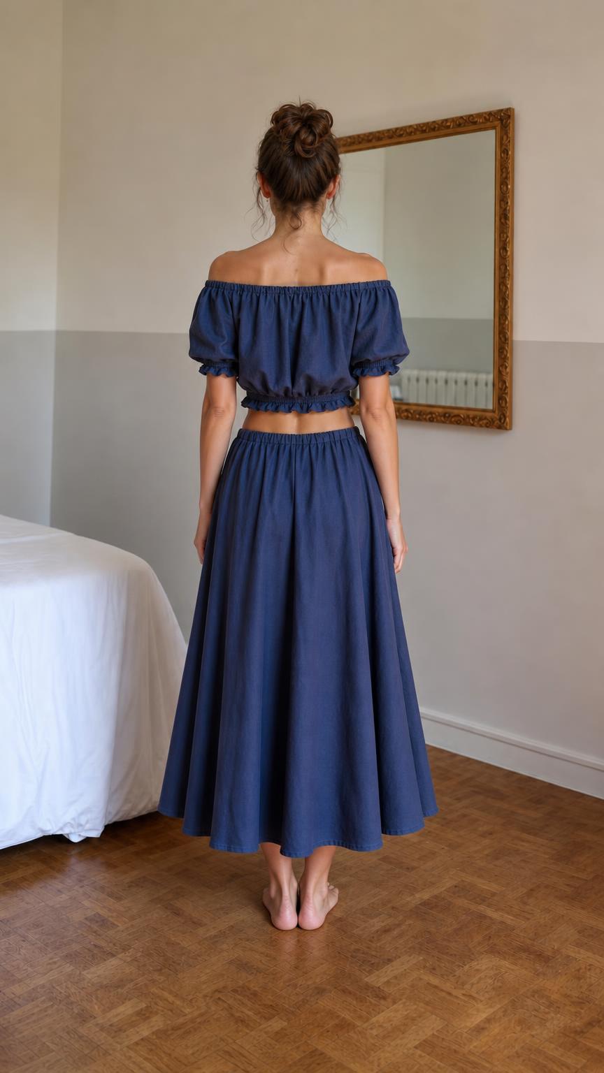 Back view of woman wearing blue matching set