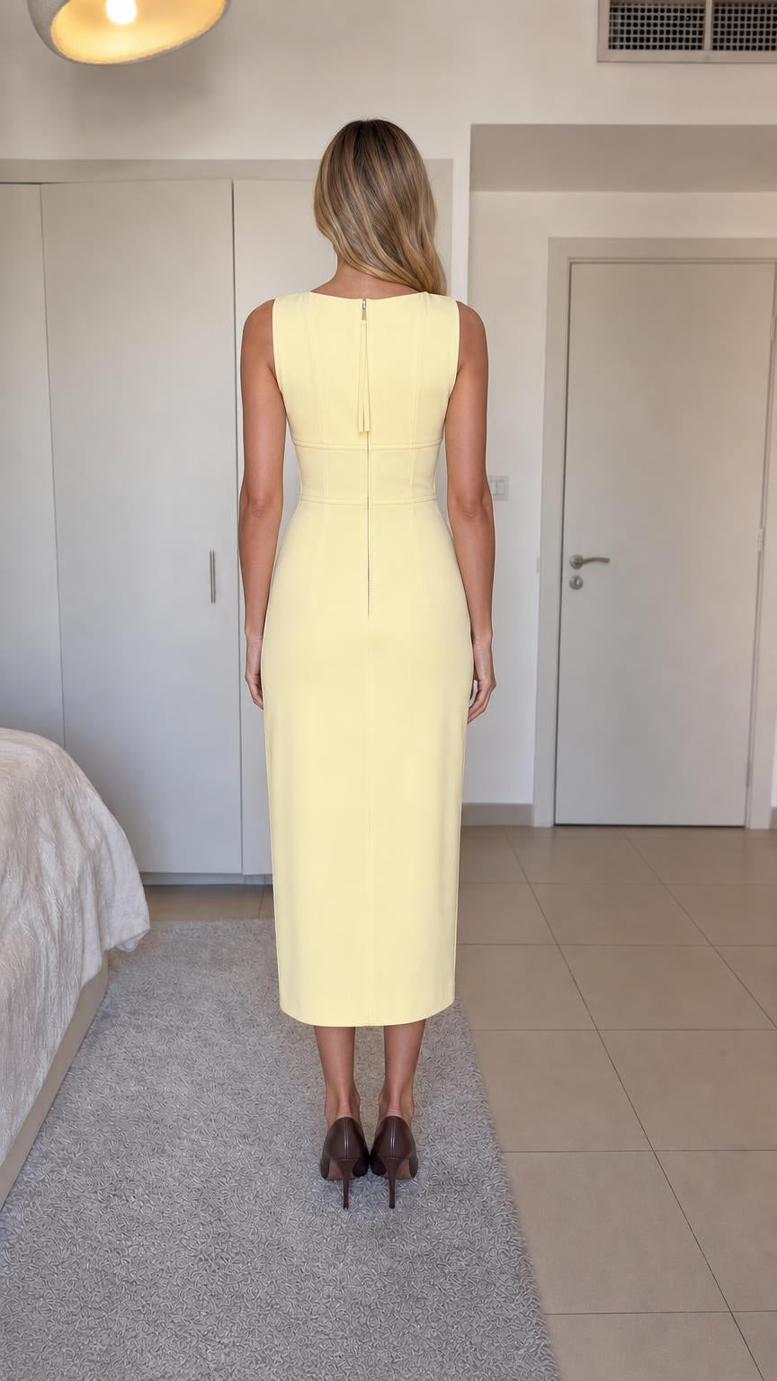 Back view of yellow midi dress showing back zipper