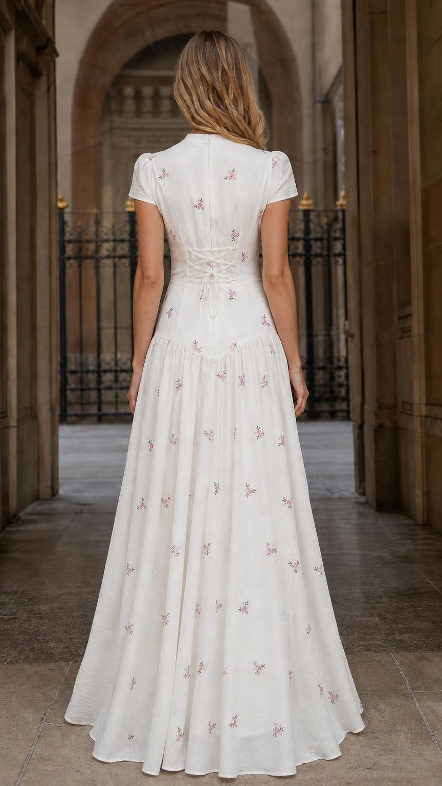 Back view showing lace-up details on White maxi dress