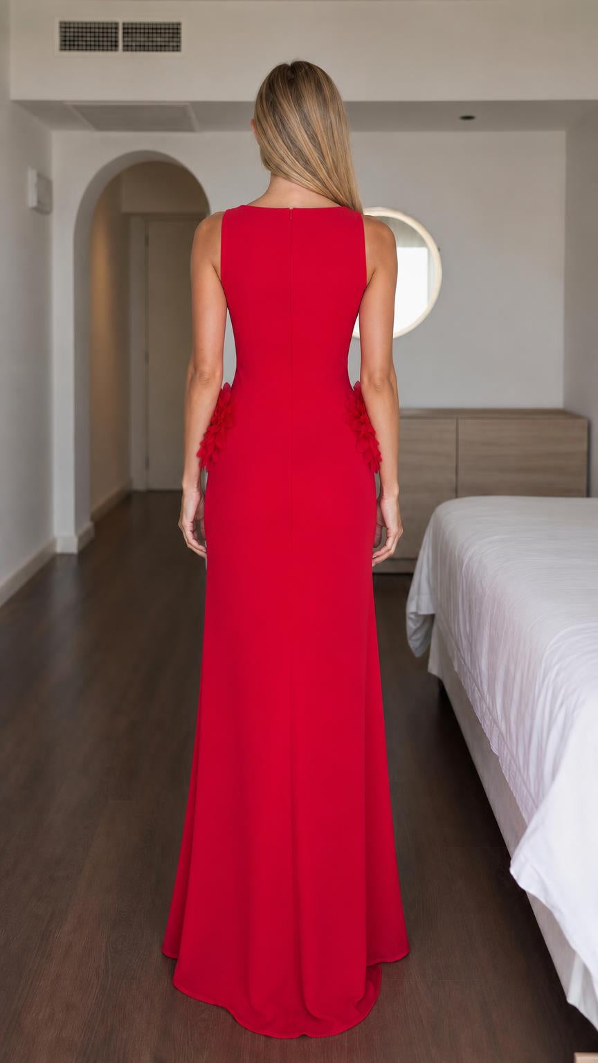 Back view of red sleeveless evening gown