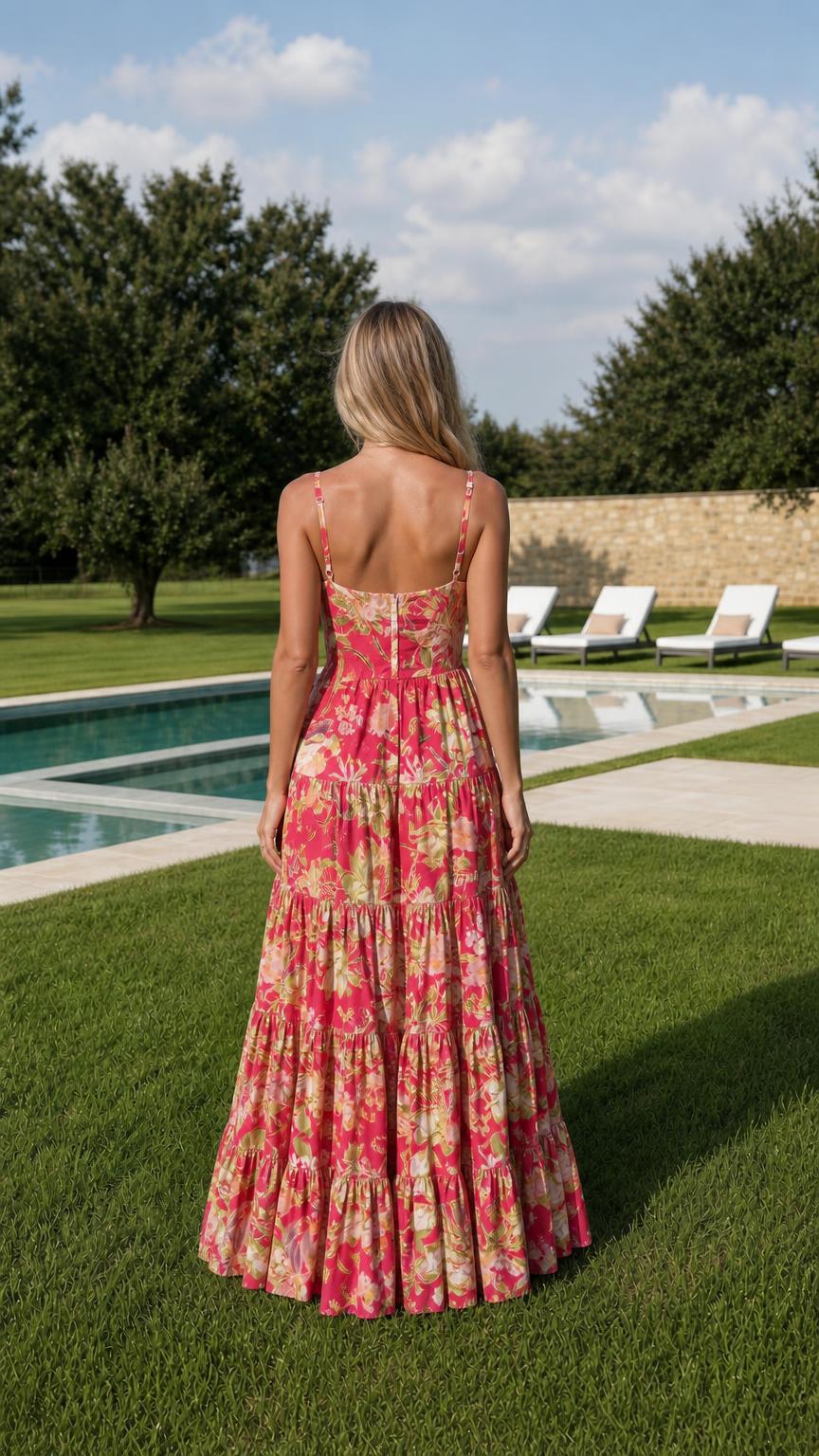 Back view of fuchsia floral maxi dress