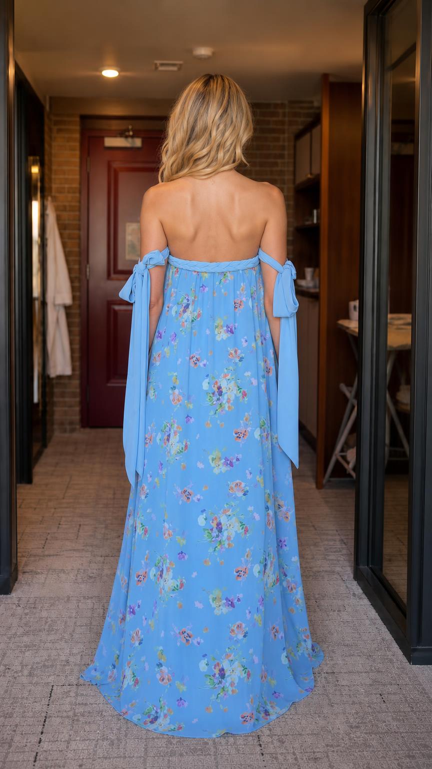 Back view of blue floral maxi dress