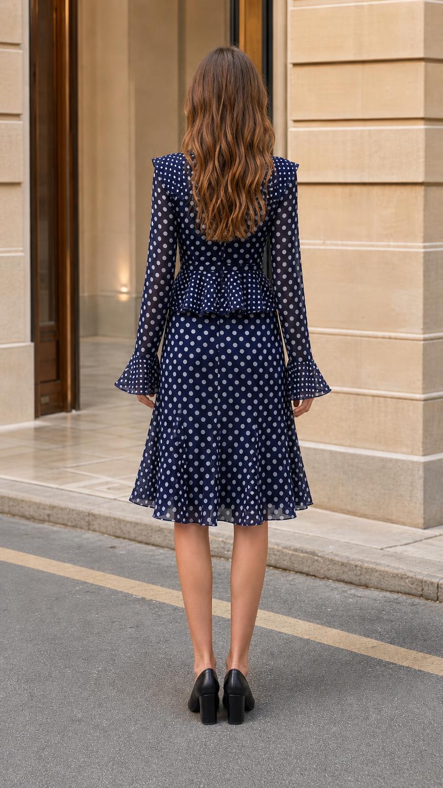 Back view of model wearing Navy polka dot midi dress