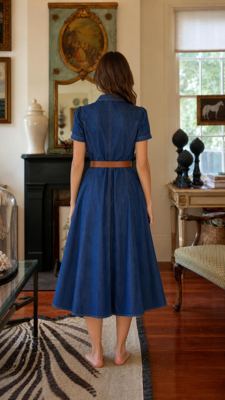 Back view of woman wearing blue denim midi shirt dress
