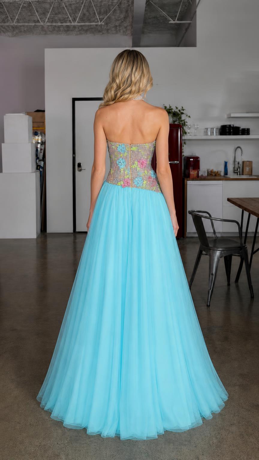Back view of light blue strapless evening dress
