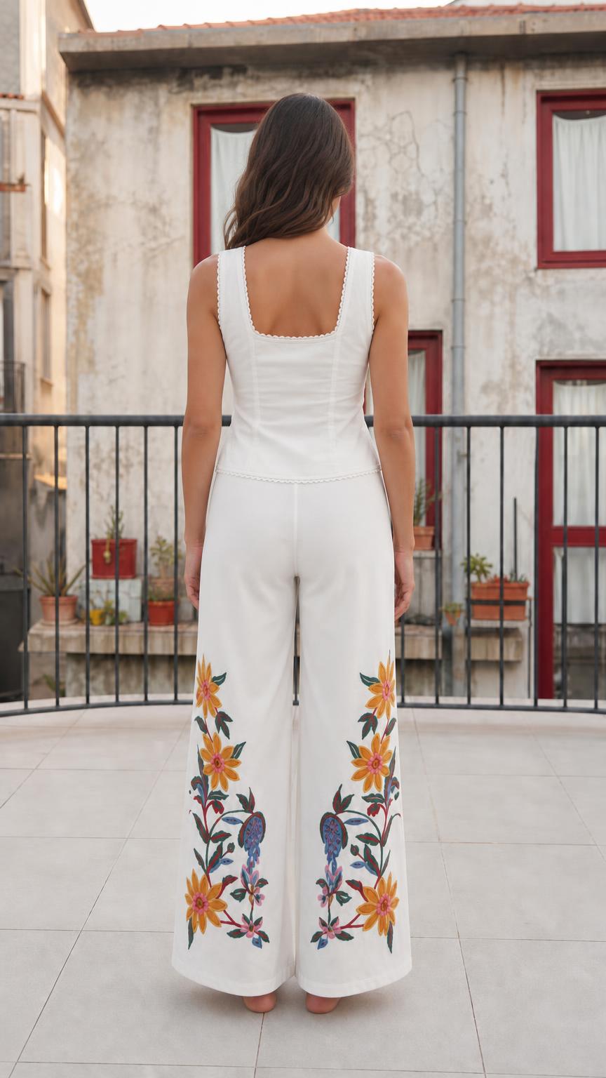 Back view of woman wearing white embroidered matching set