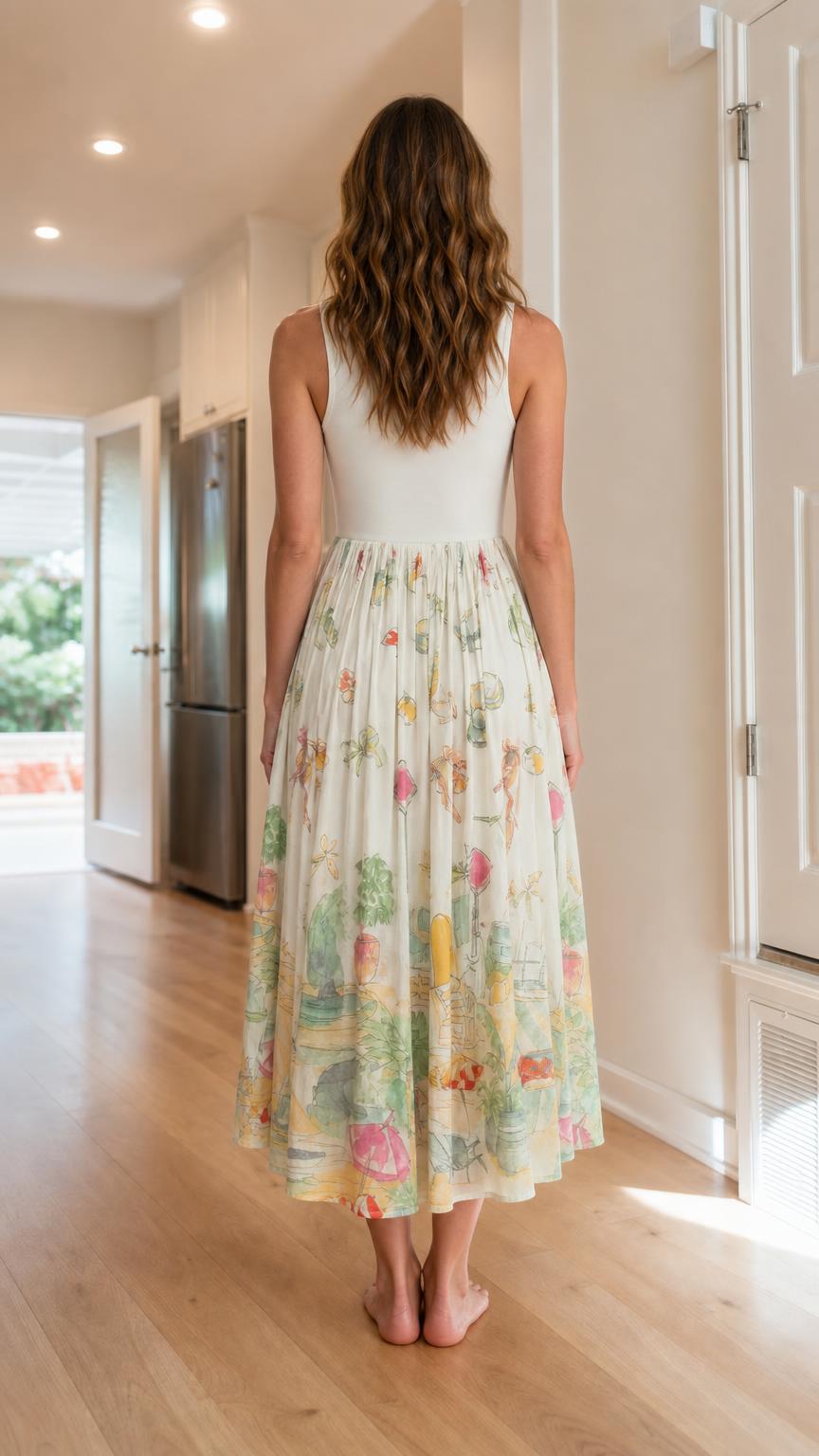 Back view of white floral midi dress