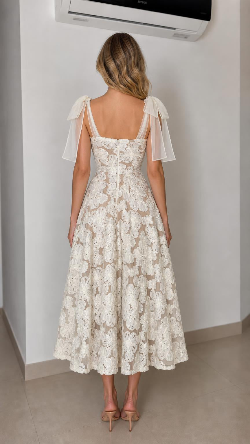 Back view of ivory floral midi dress