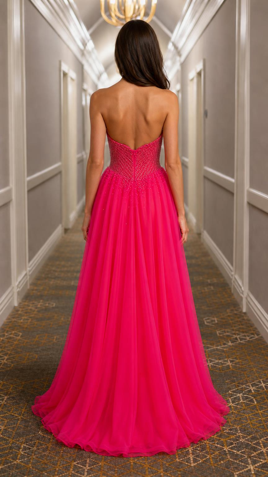 Back view of hot pink strapless evening gown