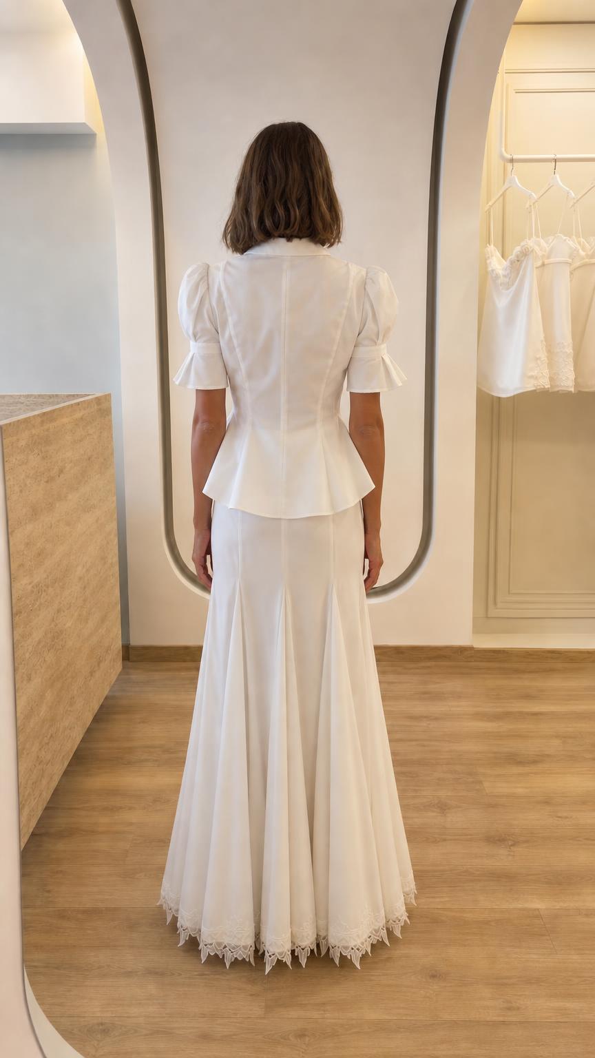 Back view of woman showcasing the fit of white maxi skirt set