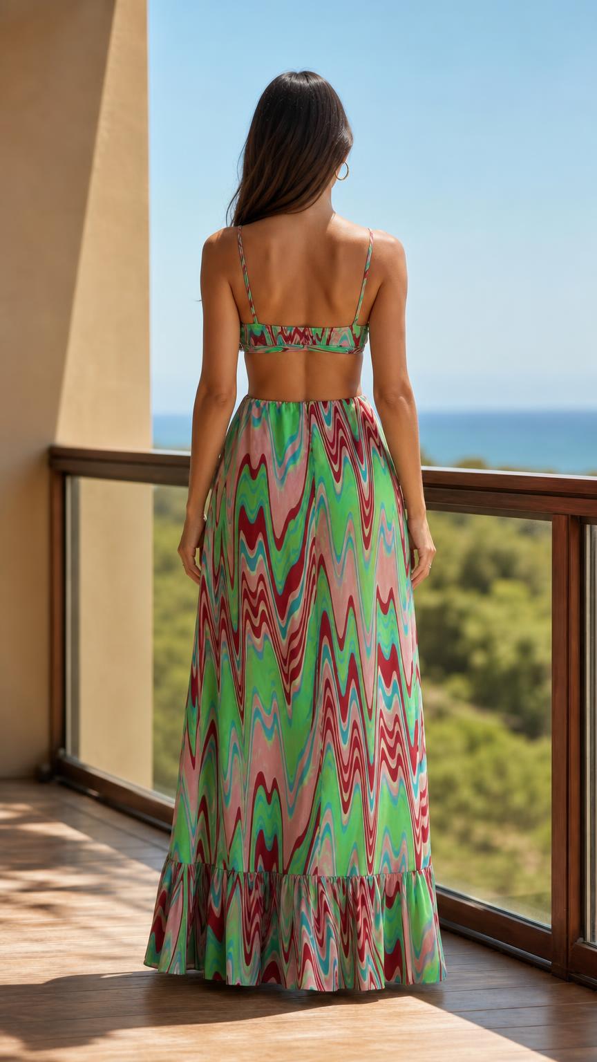 Back view of model showing open back design of maxi dress