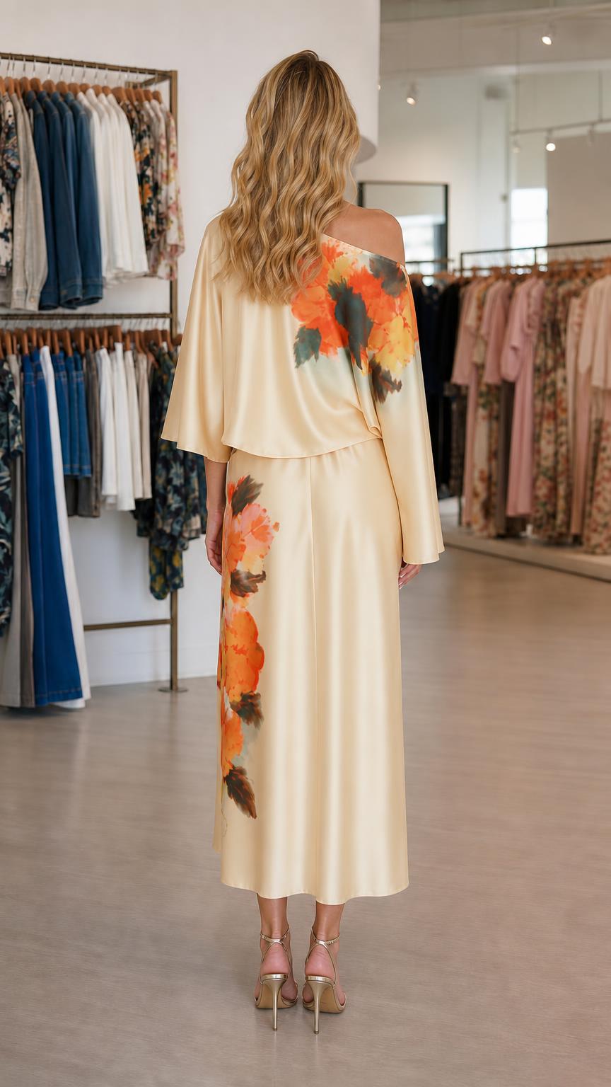 Back view of champagne midi dress showcasing drape
