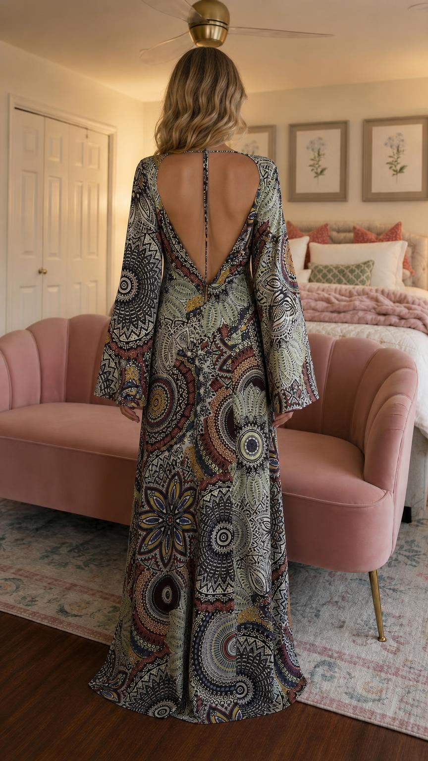 Back view showcasing open back design of sage maxi dress