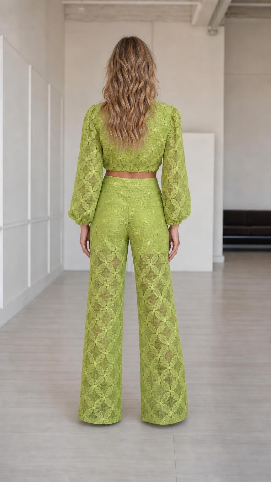 Full back view of model in lime green two-piece outfit