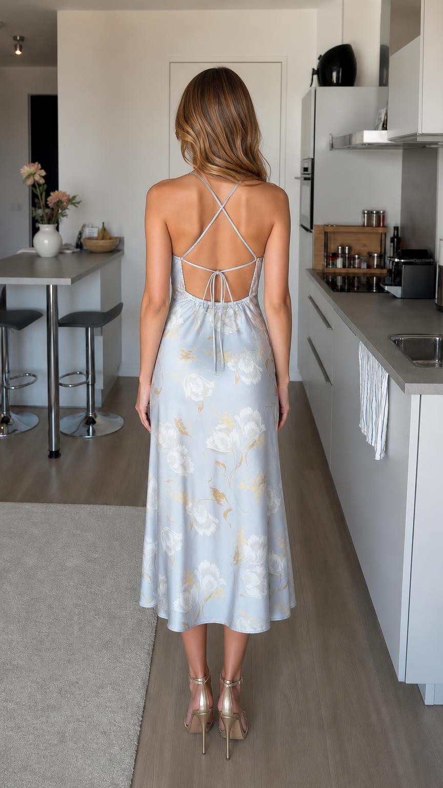 Back view of model showcasing strappy open back on light blue dress