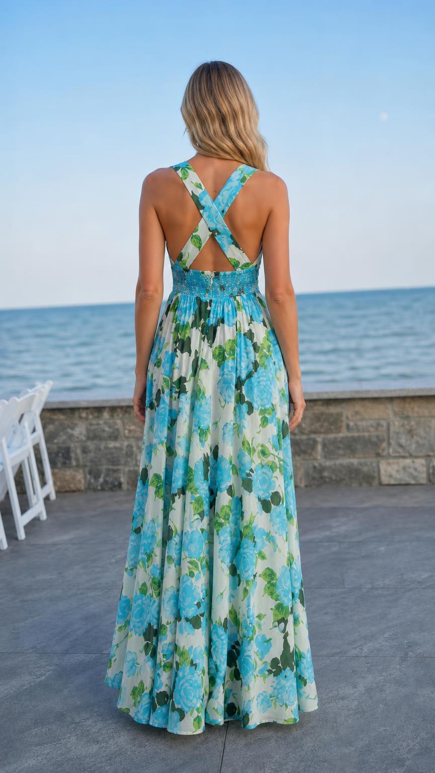 Back view showcasing crisscross straps on floral maxi dress