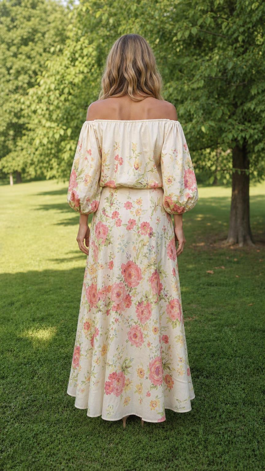 Back view of model in cream floral maxi skirt and top set