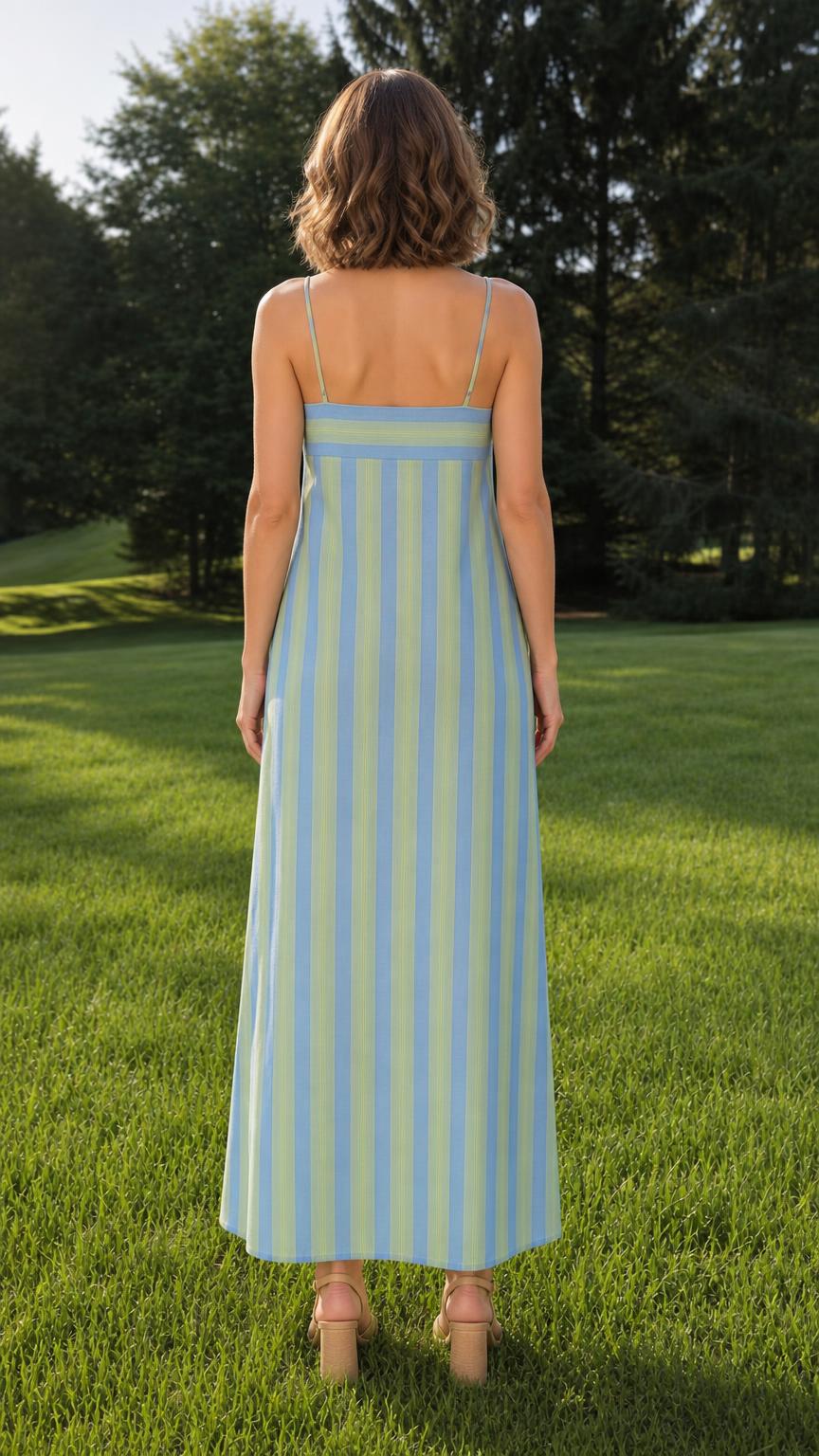 Back view of woman wearing blue striped maxi dress