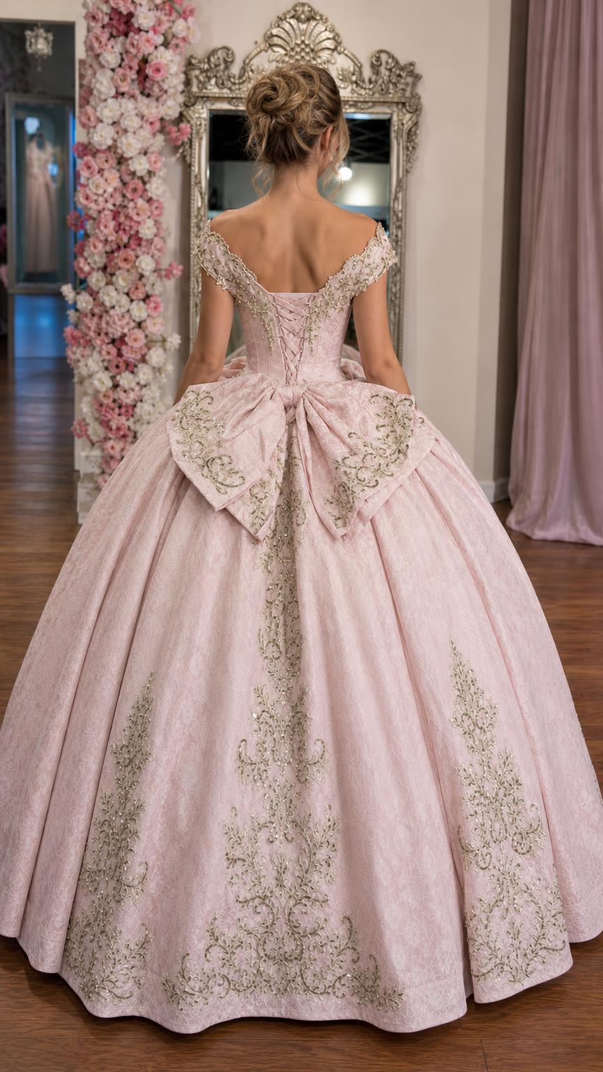 Back view of pink ballgown showing lace-up corset and bow