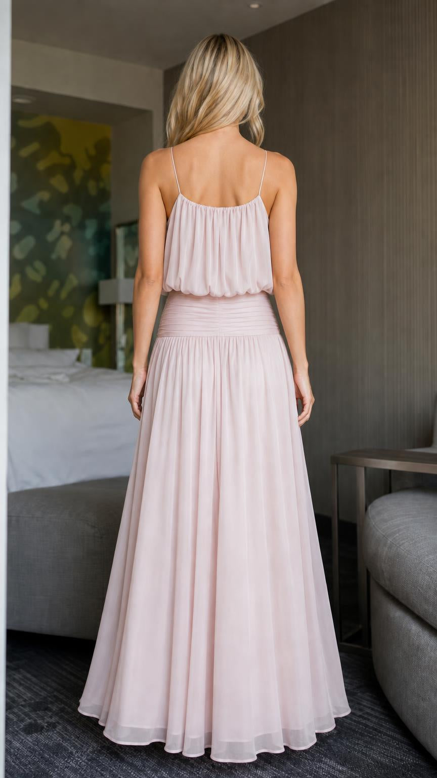 Back view of pink flowy maxi dress
