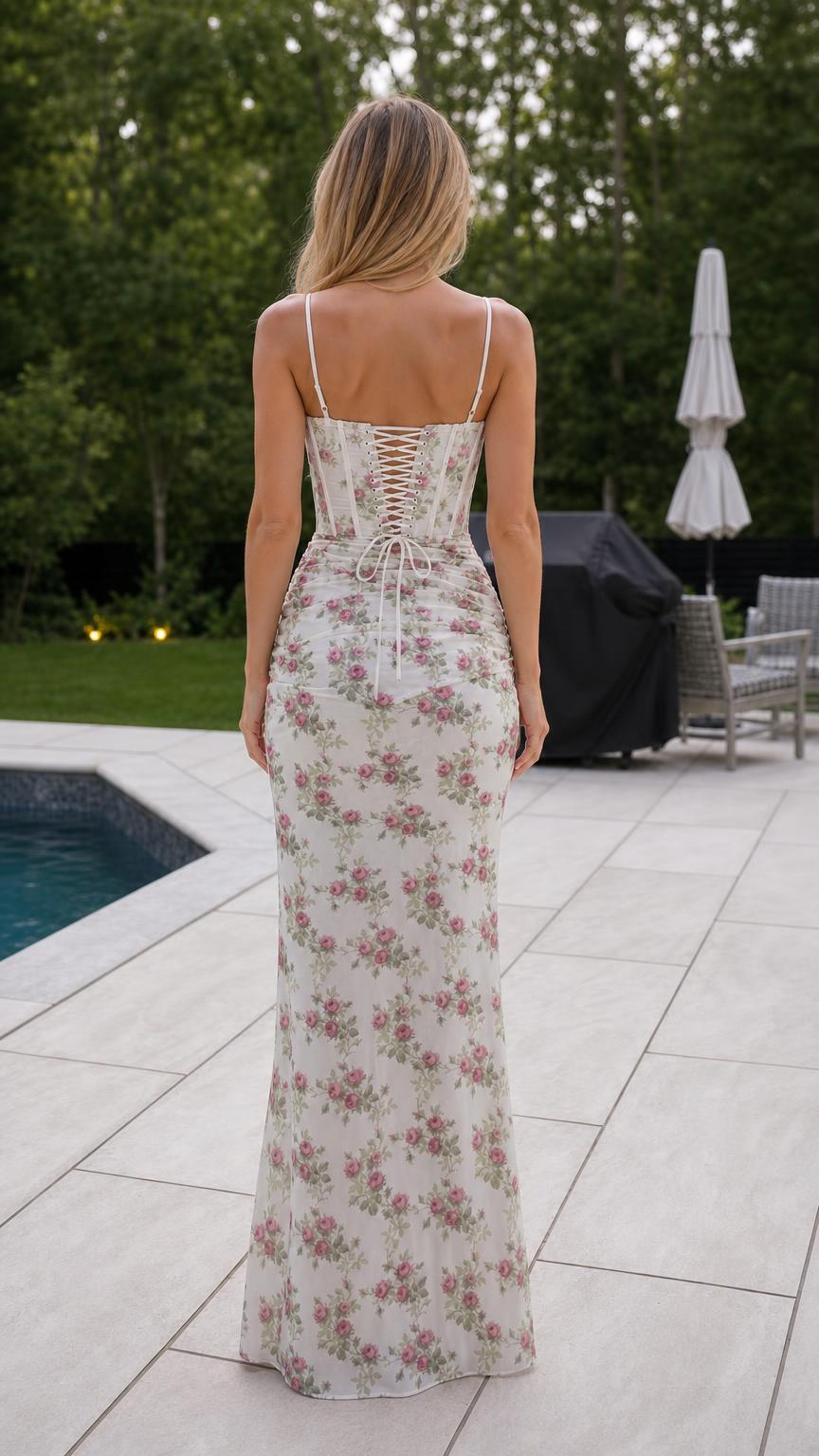 Back view showing lace-up corset detail on White floral dress